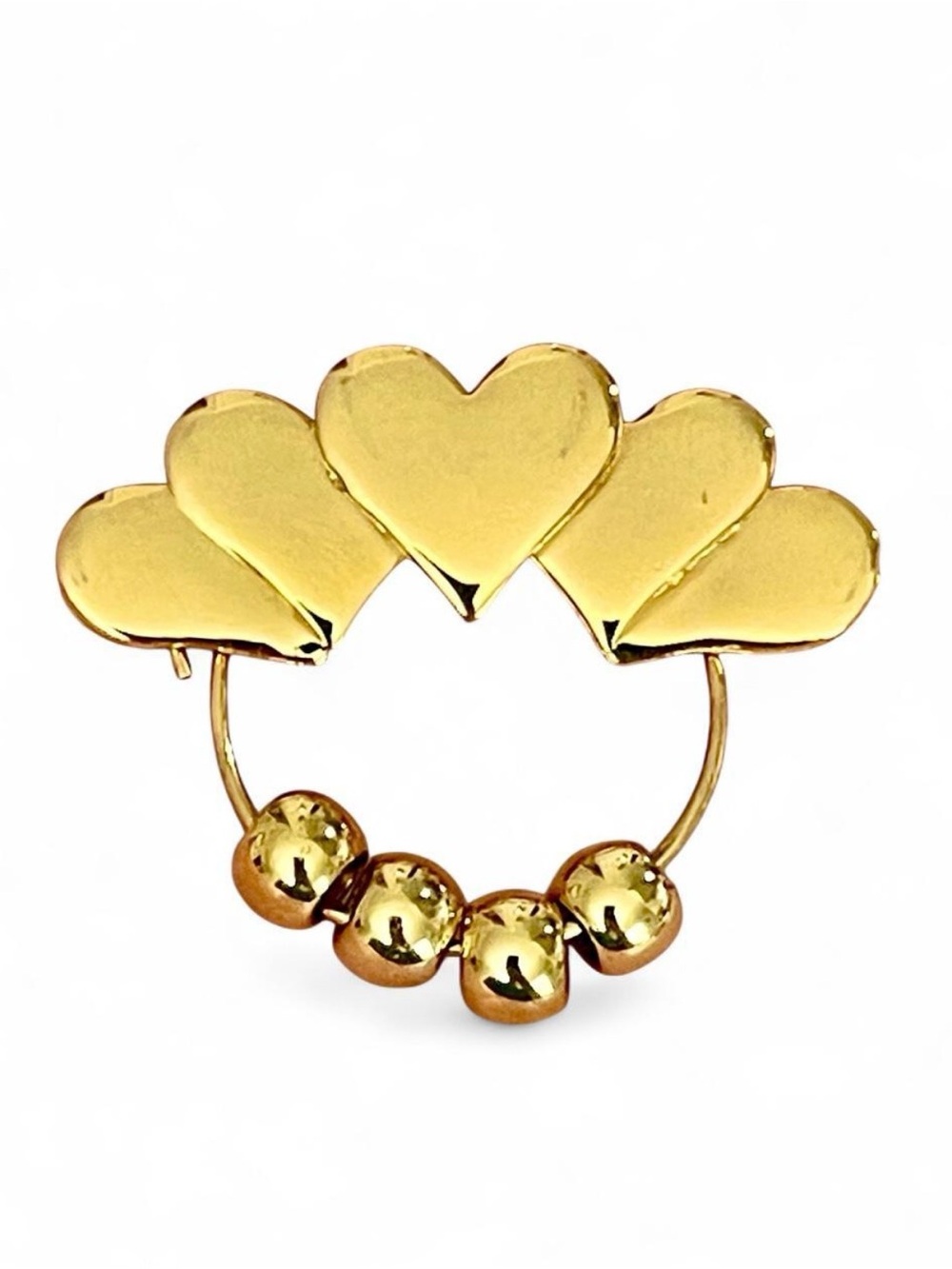Vintage Overlapping Gold Heart Brooch Pin Kinetic Movable Beads Romantic Retro